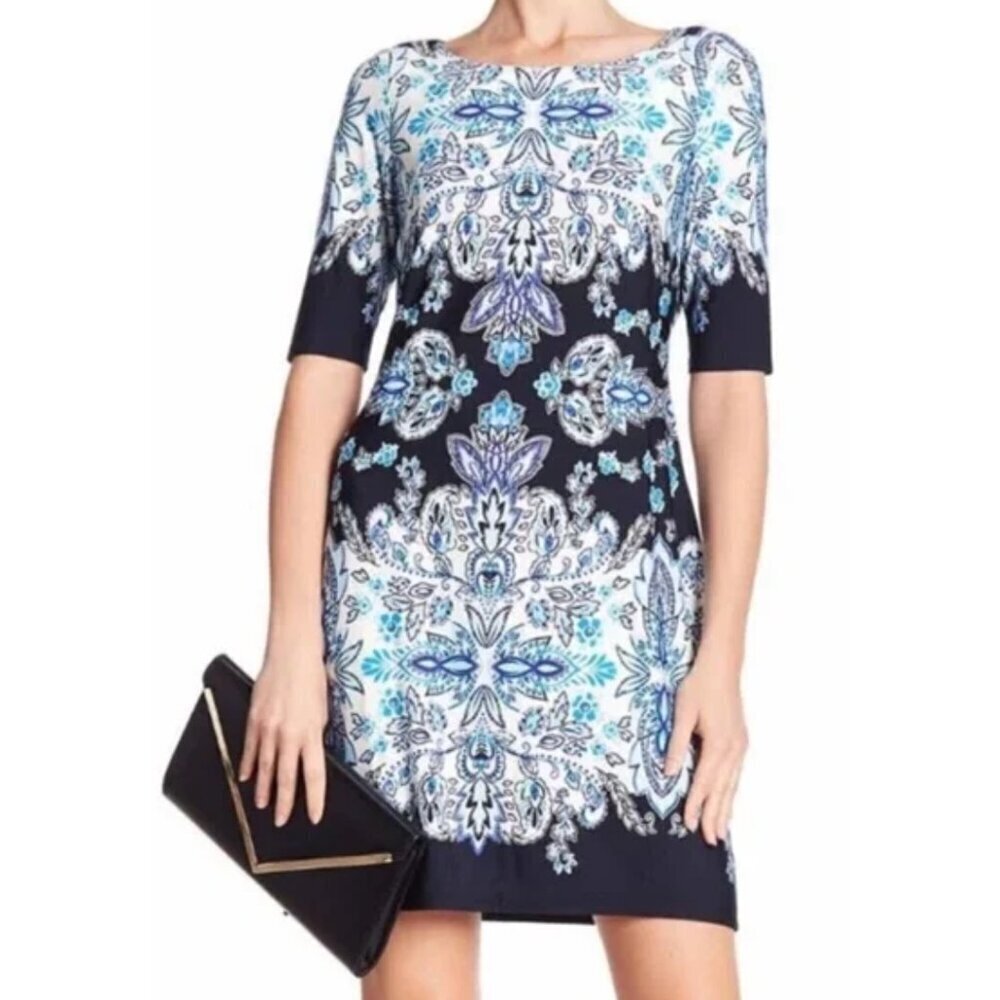 Eliza J Porcelain Paisley Print Sheath Dress Blue Size 2 Office 26532